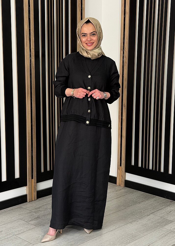 Miss Dalida Güneş Düğmeli Elbise Ceket Keten Takım BLACK - 3