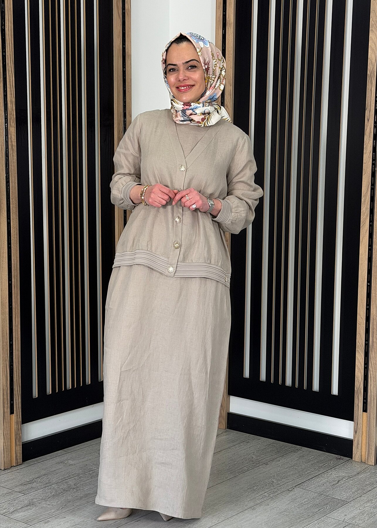 Miss Dalida Güneş Düğmeli Elbise Ceket Keten Takım Stone - 2