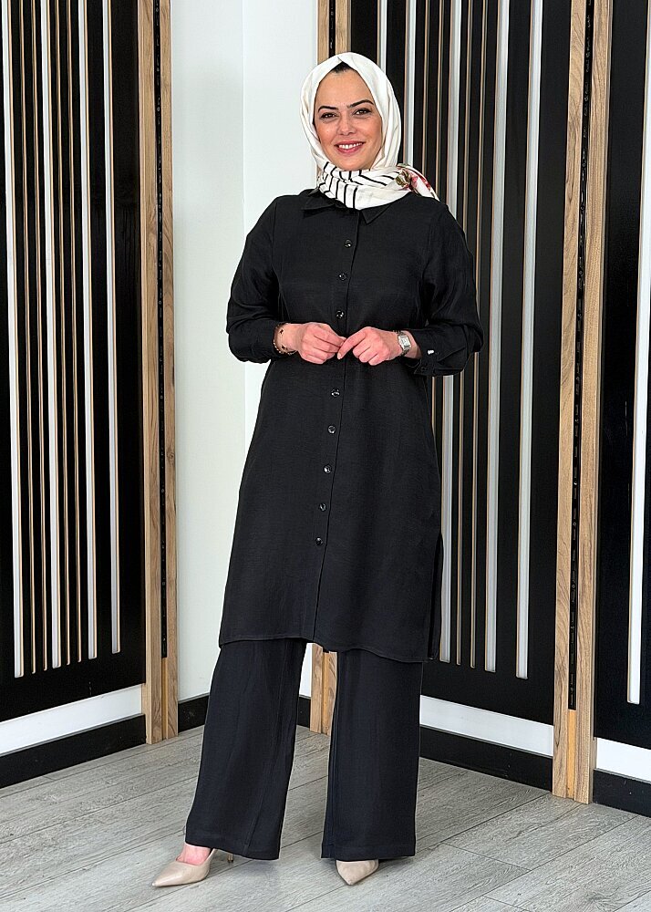 Miss Dalida İpek Keten Uzun Gömlek BLACK - 2