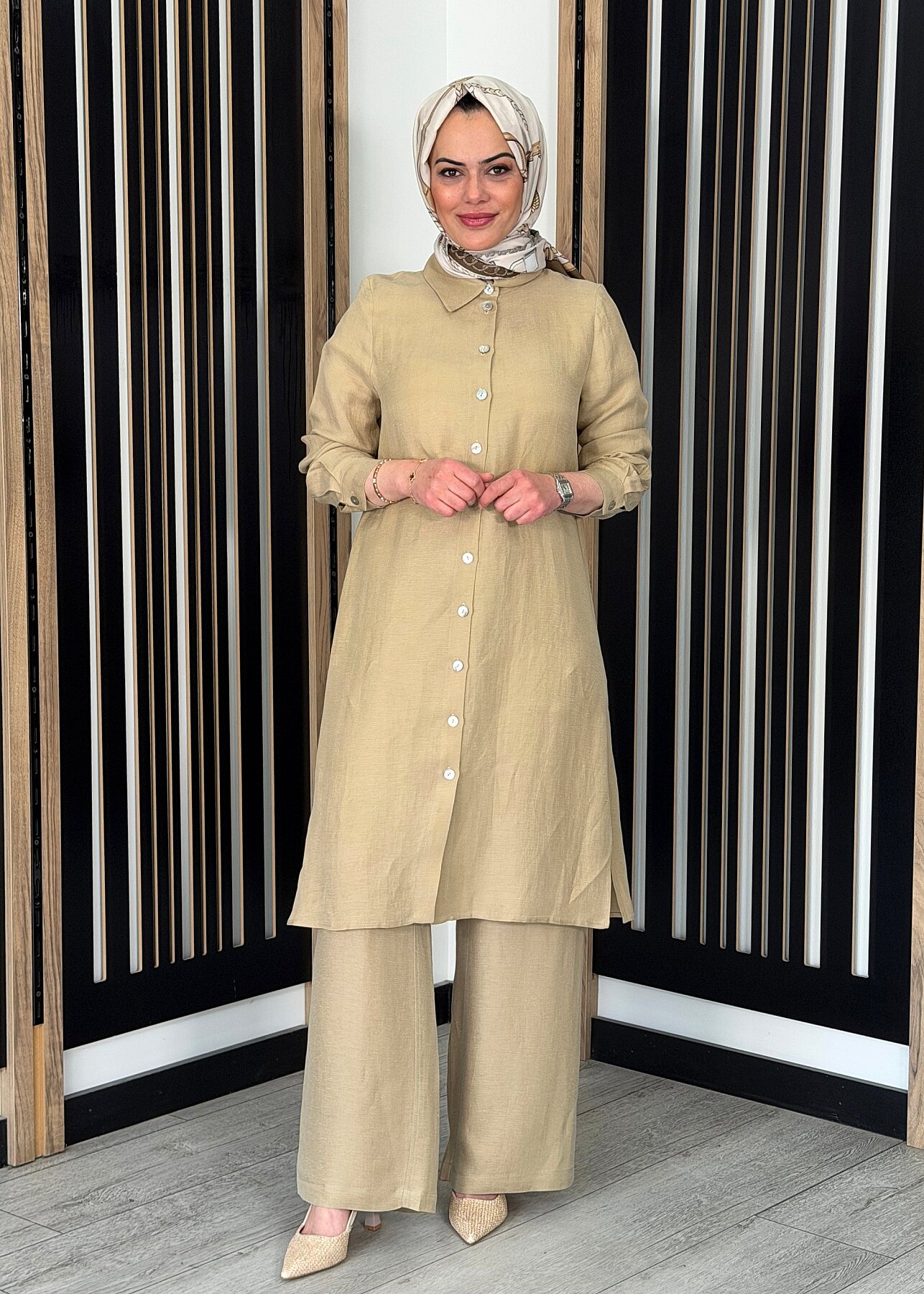 Miss Dalida İpek Keten Uzun Gömlek CAMEL - 3