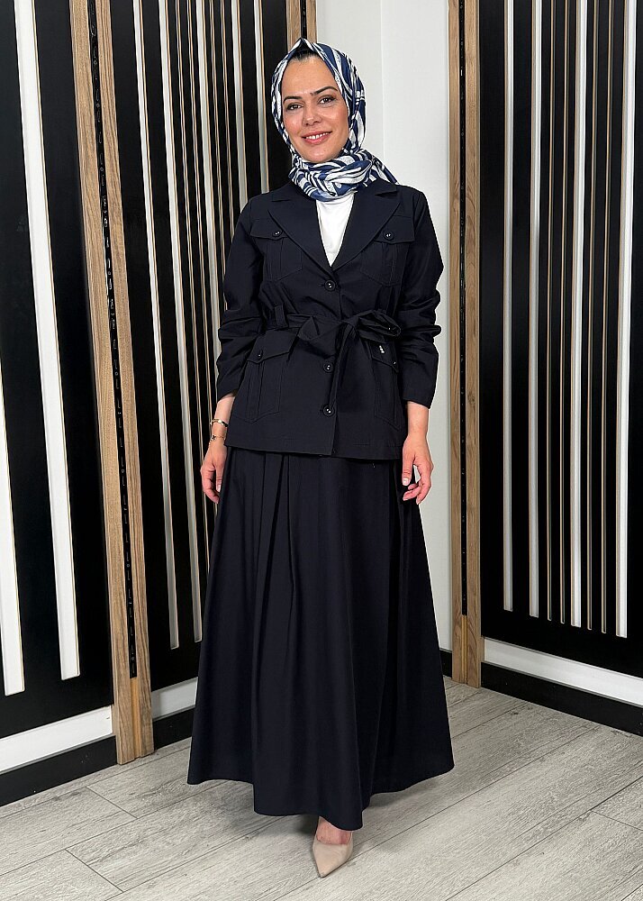 Miss Dalida Kemer Detaylı Pamuklu Kumaş Etek Dark Navy (1)