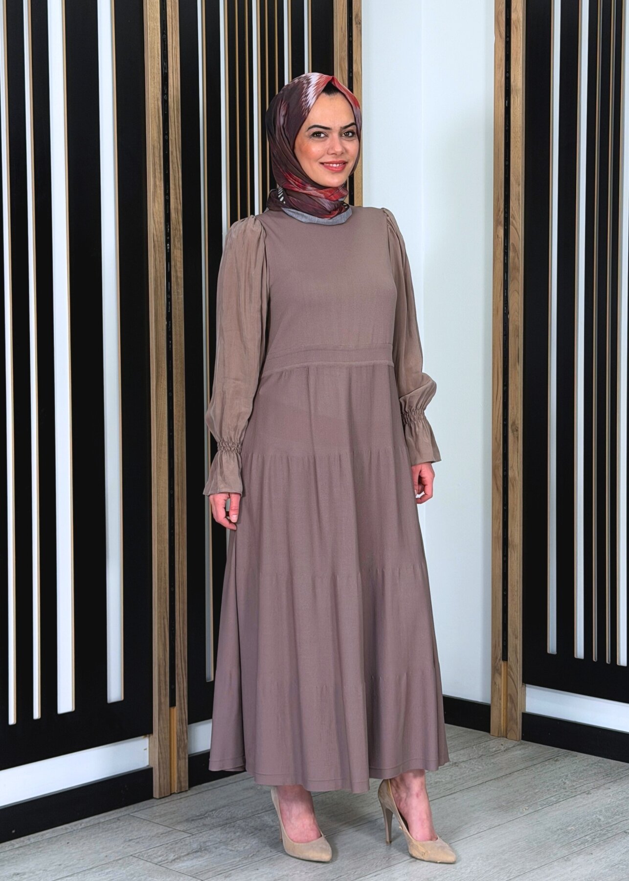 Miss Dalida Kolları Cupro Triko Elbise Cacao Powder - 2