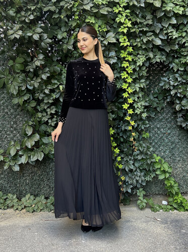 Miss Dalida Kolları ve Önü Taşlı Kadife Elbise BLACK - 1