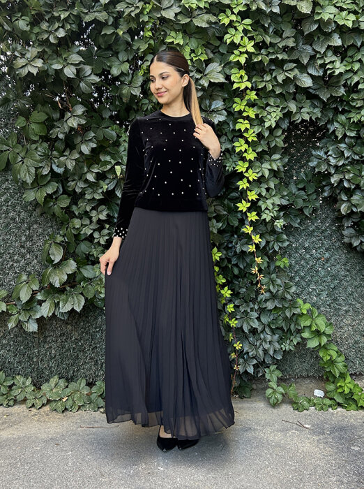 Miss Dalida Kolları ve Önü Taşlı Kadife Elbise BLACK - 1