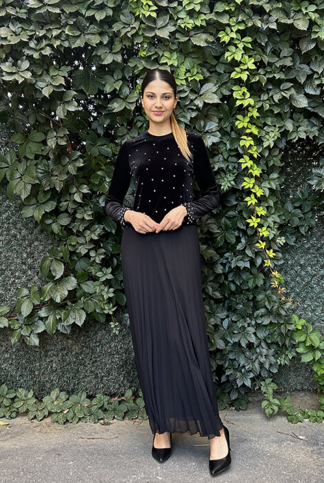 Miss Dalida Kolları ve Önü Taşlı Kadife Elbise BLACK - 2