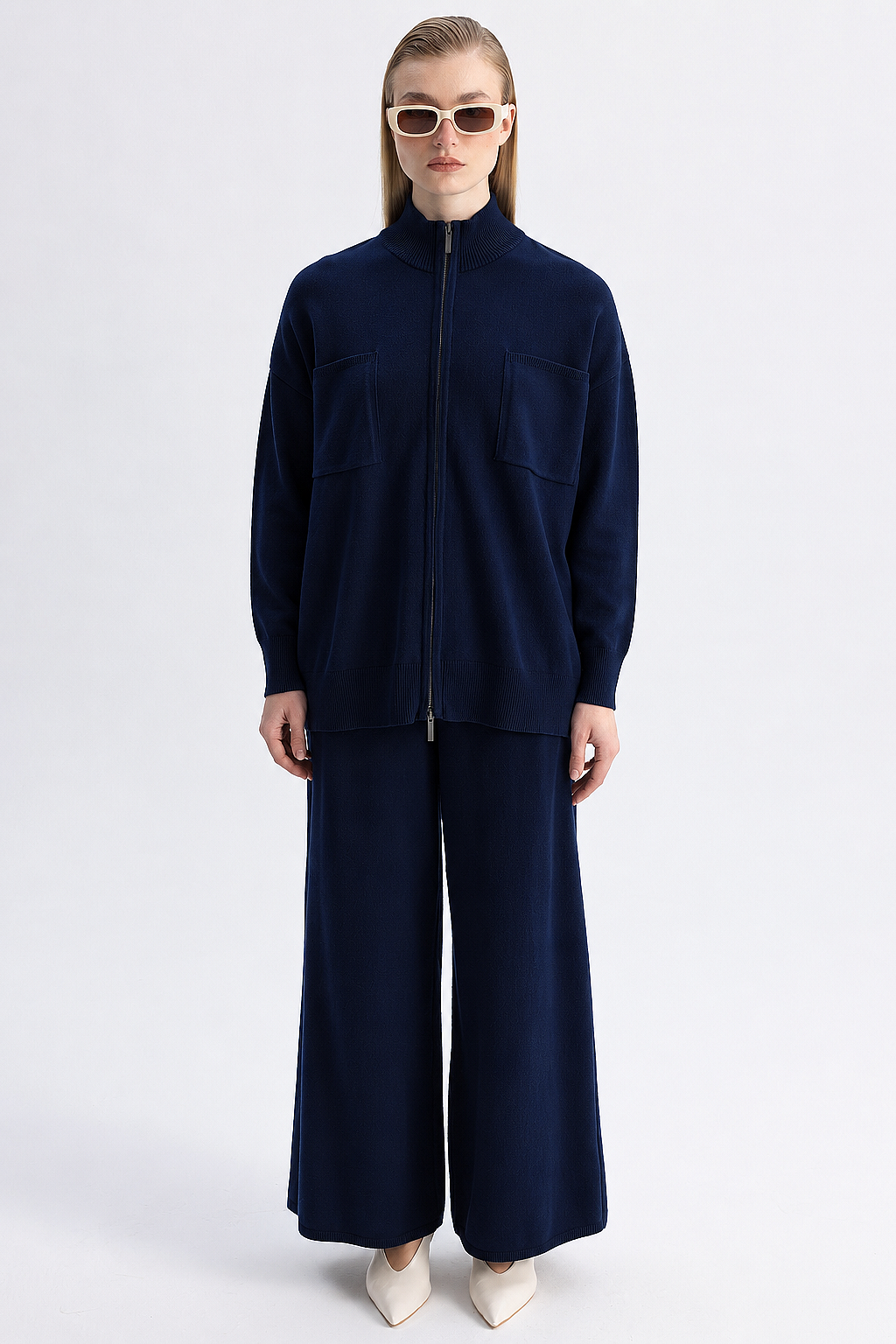 Miss Dalida Kontrast Renkli Uzun Touch Me Ceket Navy - 1