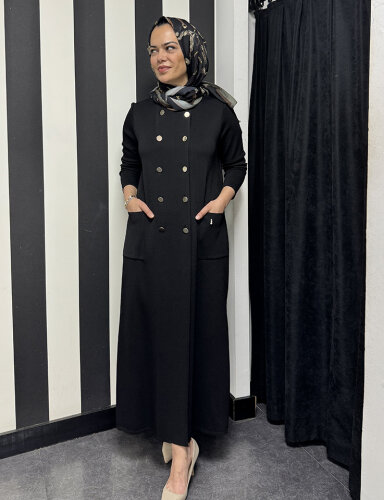 Miss Dalida Kruvaze Düğmeli Uzun Hırka BLACK - 5