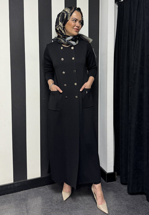 Miss Dalida Kruvaze Düğmeli Uzun Hırka BLACK - 6