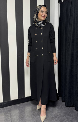 Miss Dalida Kruvaze Düğmeli Uzun Hırka BLACK - 7