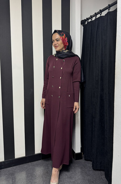 Miss Dalida Kruvaze Düğmeli Uzun Hırka BORDO - 1