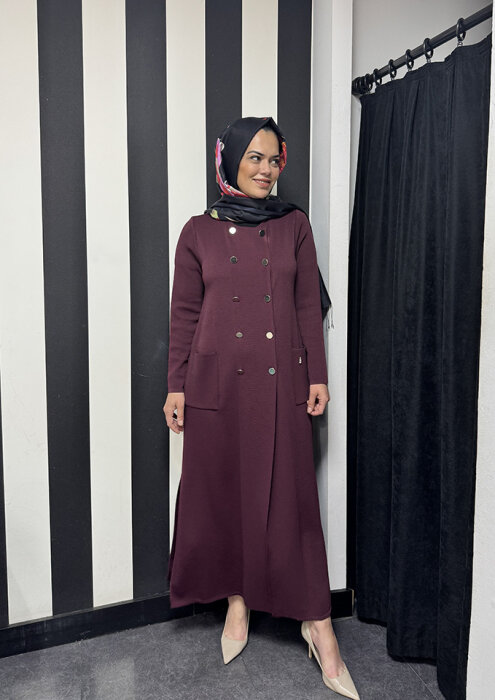 Miss Dalida Kruvaze Düğmeli Uzun Hırka BORDO - 3