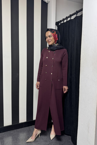 Miss Dalida Kruvaze Düğmeli Uzun Hırka BORDO - 4