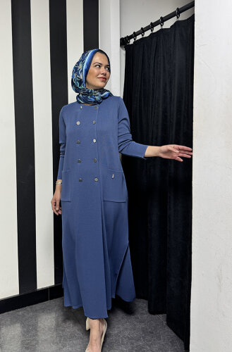 Miss Dalida Kruvaze Düğmeli Uzun Hırka İNDİGO - 1