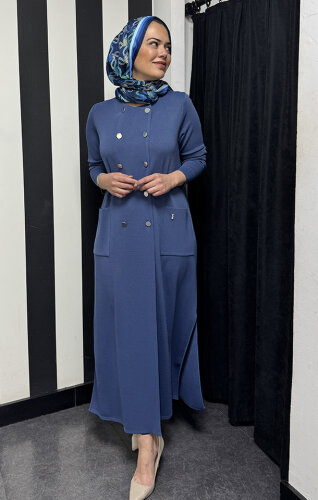 Miss Dalida Kruvaze Düğmeli Uzun Hırka İNDİGO - 2