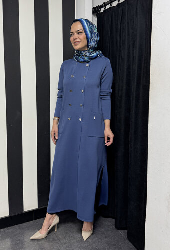 Miss Dalida Kruvaze Düğmeli Uzun Hırka İNDİGO - 4
