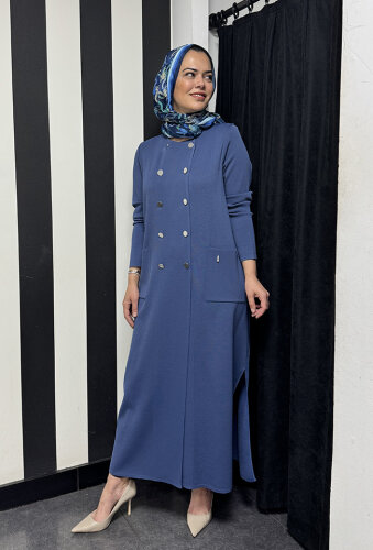 Miss Dalida Kruvaze Düğmeli Uzun Hırka İNDİGO - 5