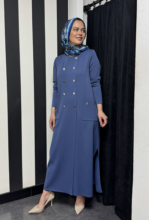 Miss Dalida Kruvaze Düğmeli Uzun Hırka İNDİGO - 5