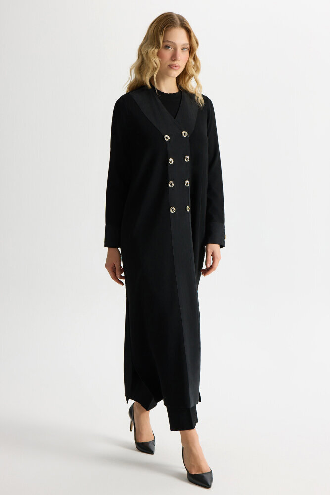 Miss Dalida Kruvaze Yaka Cupro Detaylı Triko Hırka BLACK