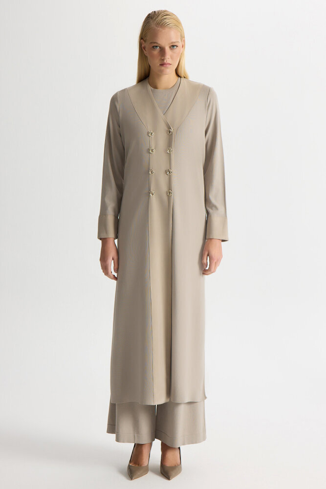 Miss Dalida Kruvaze Yaka Cupro Detaylı Triko Hırka Stone