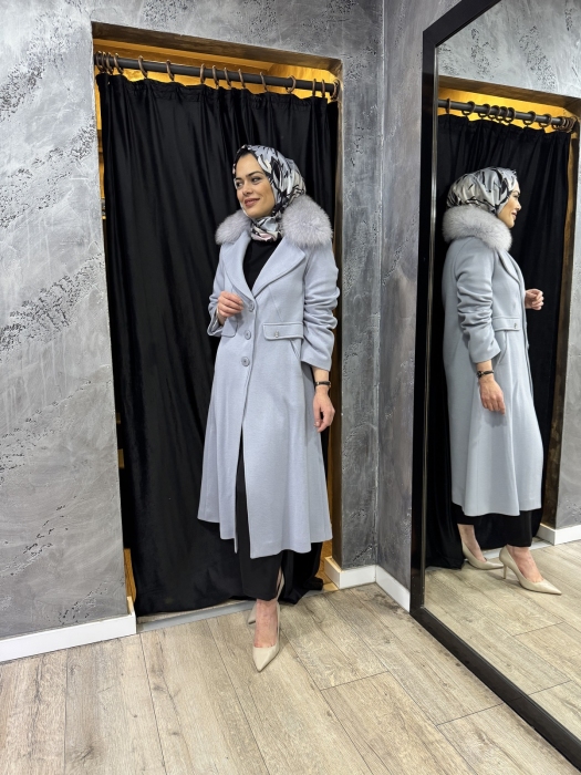 Miss Dalida Kürk Yaka Uzun Triko Manto BLUE - 3