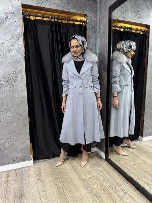 Miss Dalida Kürk Yaka Uzun Triko Manto BLUE - 2