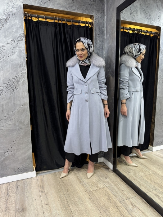 Miss Dalida Kürk Yaka Uzun Triko Manto BLUE - 2