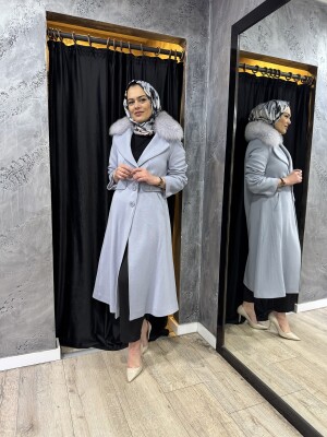 Miss Dalida Kürk Yaka Uzun Triko Manto BLUE - 4