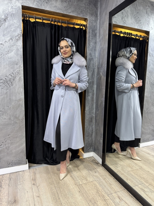 Miss Dalida Kürk Yaka Uzun Triko Manto BLUE - 4