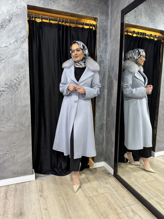 Miss Dalida Kürk Yaka Uzun Triko Manto BLUE - 5
