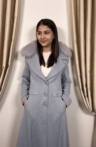 Miss Dalida Kürk Yaka Uzun Triko Manto BLUE - 4