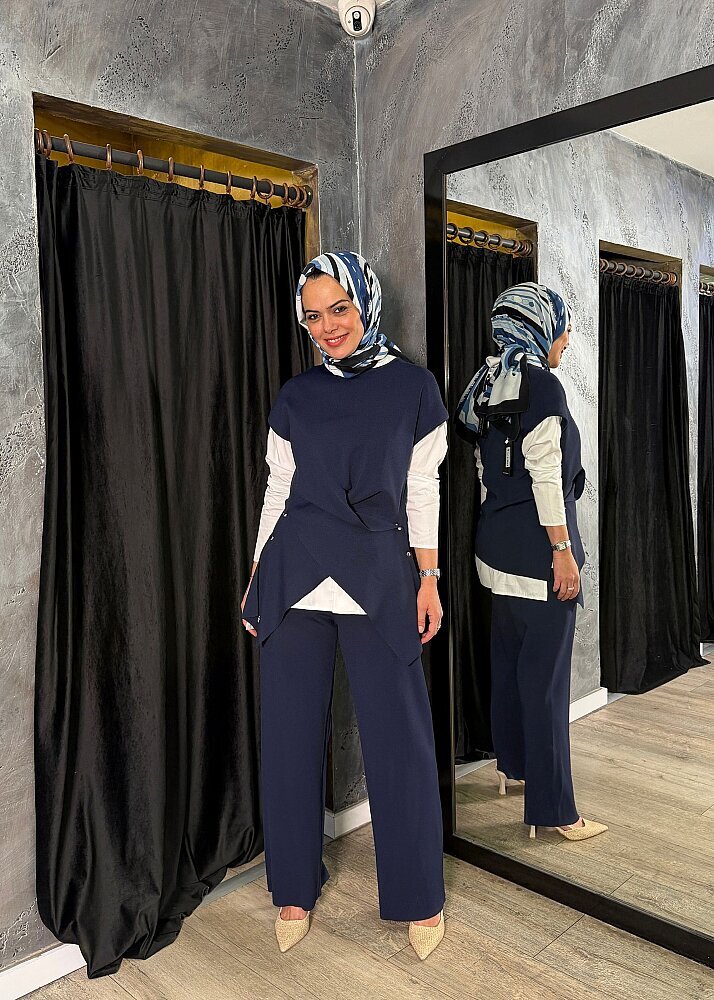 Miss Dalida Metal Düğme Detaylı Asimetrik Tunik Navy
