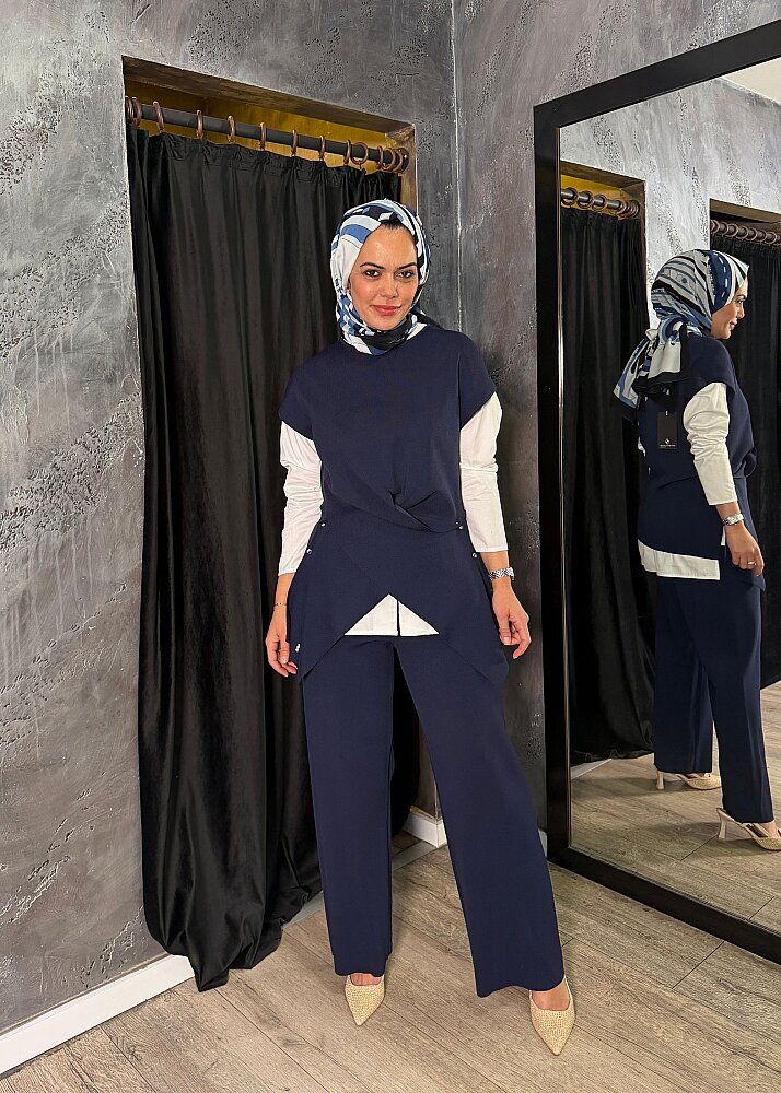 Miss Dalida Metal Düğme Detaylı Asimetrik Tunik Navy - 4