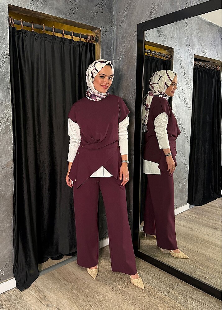 Miss Dalida Metal Düğme Detaylı Asimetrik Tunik Oubergine - 3