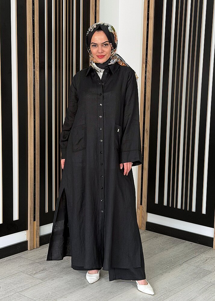 Miss Dalida Nakış Detaylı Düğmeli Uzun Kap BLACK