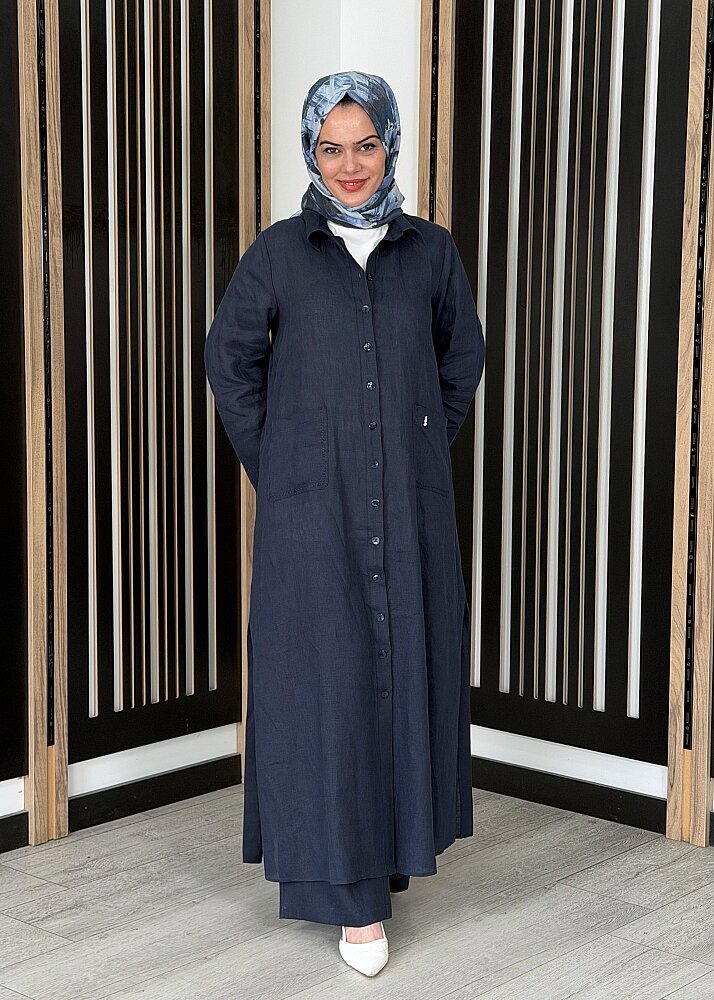 Miss Dalida Nakış Detaylı Düğmeli Uzun Kap Dark Navy