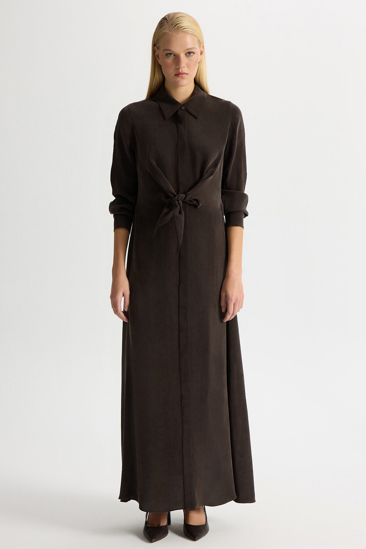 Miss Dalida Ön Kısmı Bağlama Detaylı Cupro Elbise Cacao Powder - 1