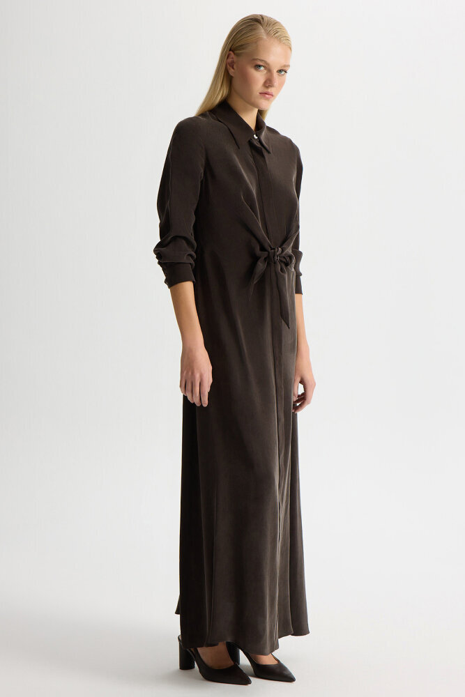 Miss Dalida Ön Kısmı Bağlama Detaylı Cupro Elbise Cacao Powder - 4