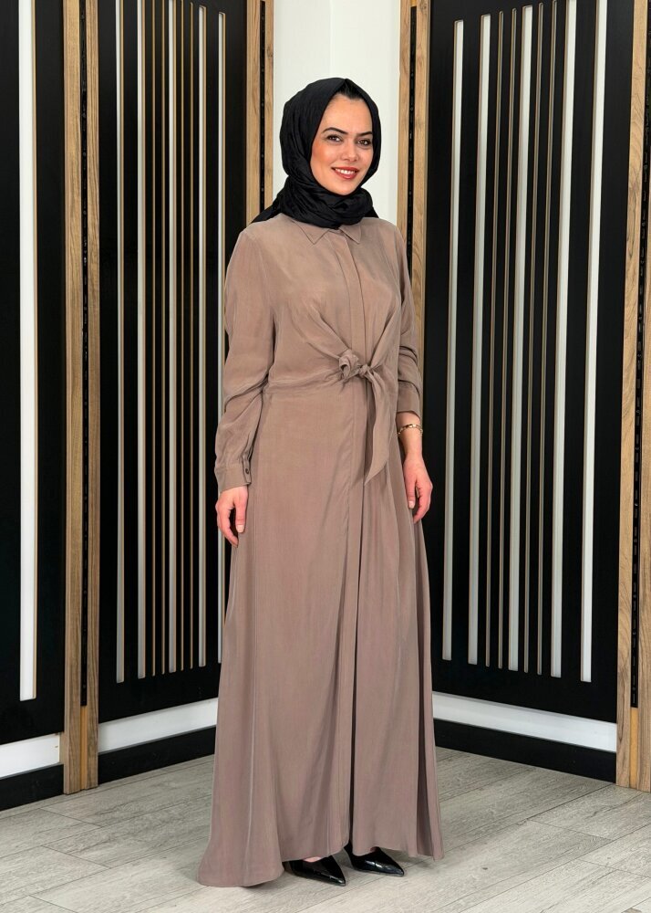 Miss Dalida Ön Kısmı Bağlama Detaylı Cupro Elbise Cacao Powder - 3