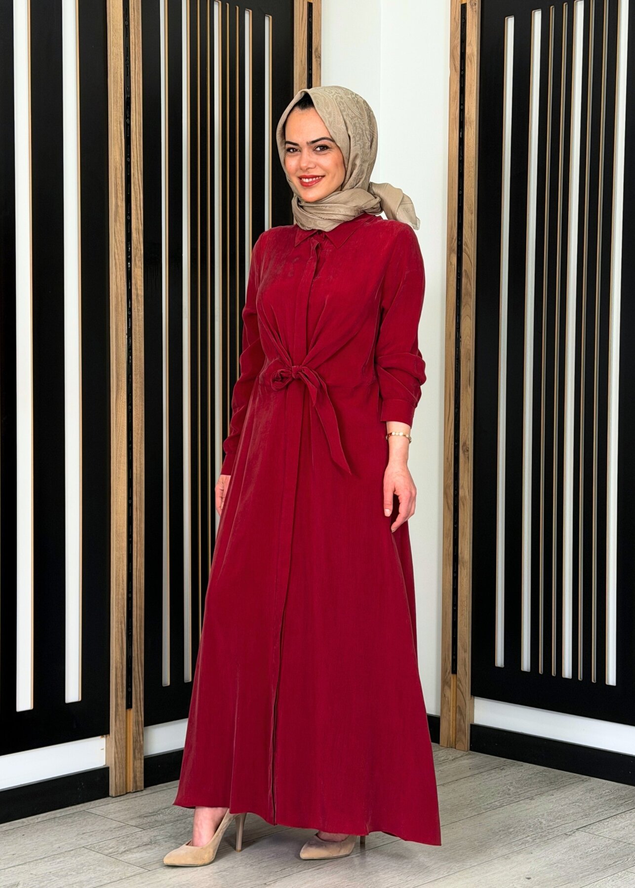 Miss Dalida Ön Kısmı Bağlama Detaylı Cupro Elbise Cherry - 2