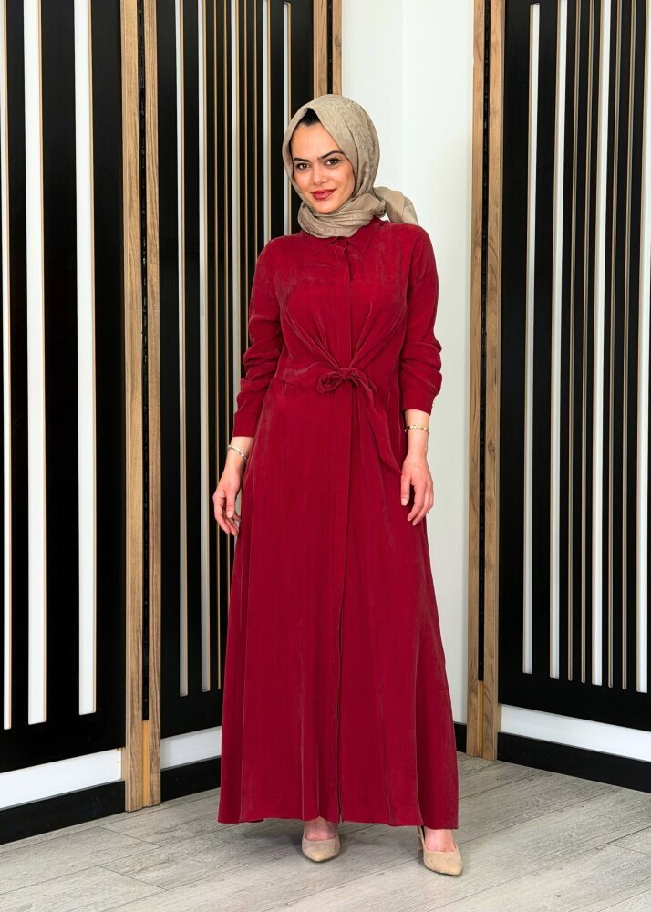 Miss Dalida Ön Kısmı Bağlama Detaylı Cupro Elbise Cherry - 3