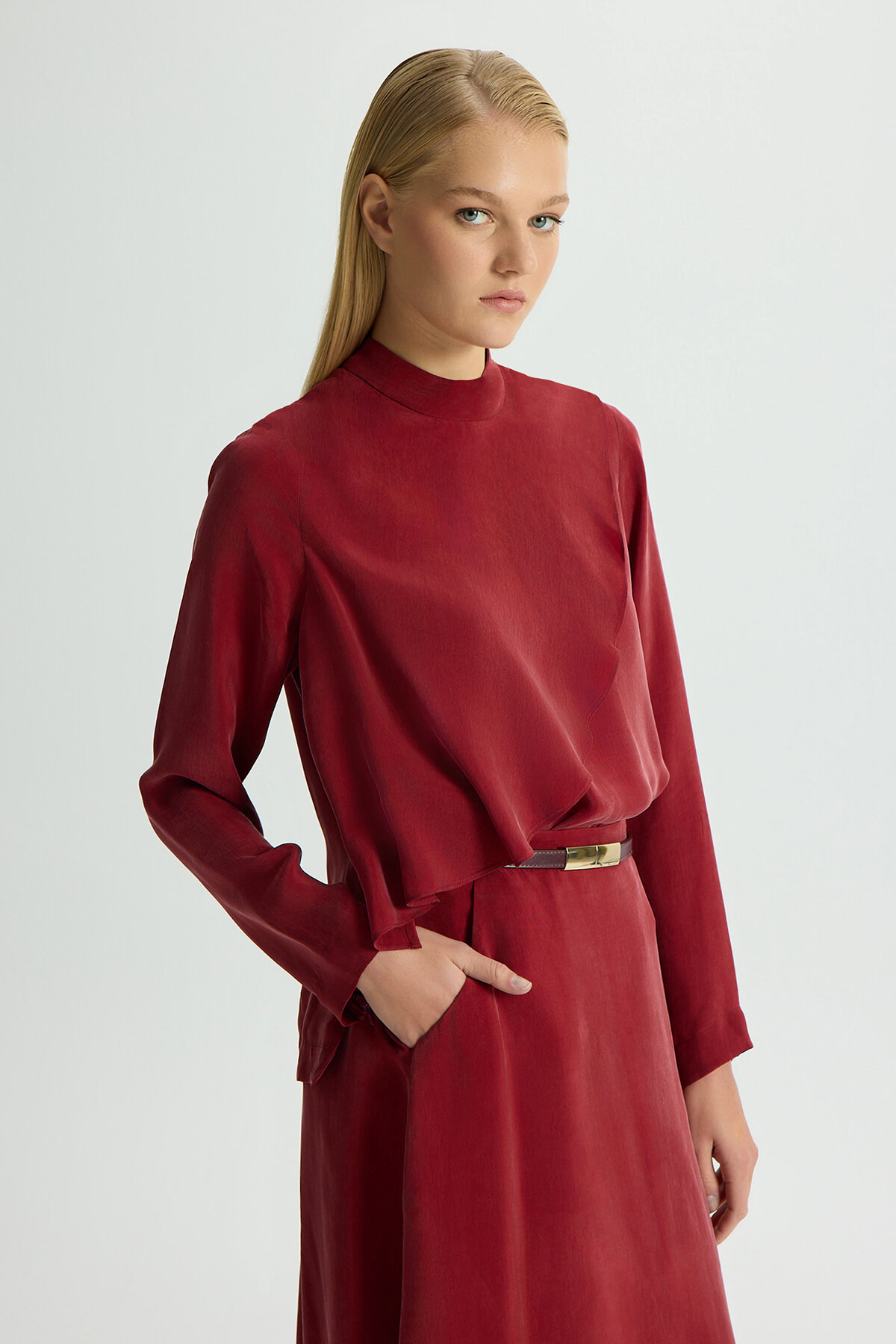 Miss Dalida Ön Kısmı Hareketli Cupro Tunik Cherry - 1