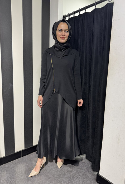 Miss Dalida Önden Fermuarlı Asimetrik Kesim Hırka Takım BLACK - 2