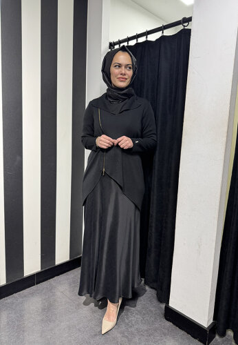 Miss Dalida Önden Fermuarlı Asimetrik Kesim Hırka Takım BLACK - 3