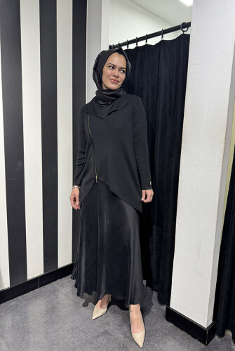Miss Dalida Önden Fermuarlı Asimetrik Kesim Hırka Takım BLACK - MİSS DALİDA