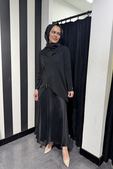 Miss Dalida Önden Fermuarlı Asimetrik Kesim Hırka Takım BLACK - 1