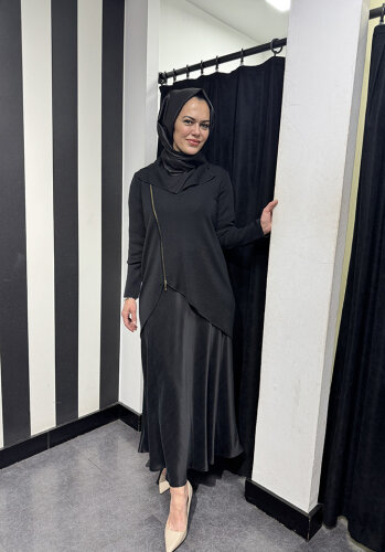 Miss Dalida Önden Fermuarlı Asimetrik Kesim Hırka Takım BLACK - 4
