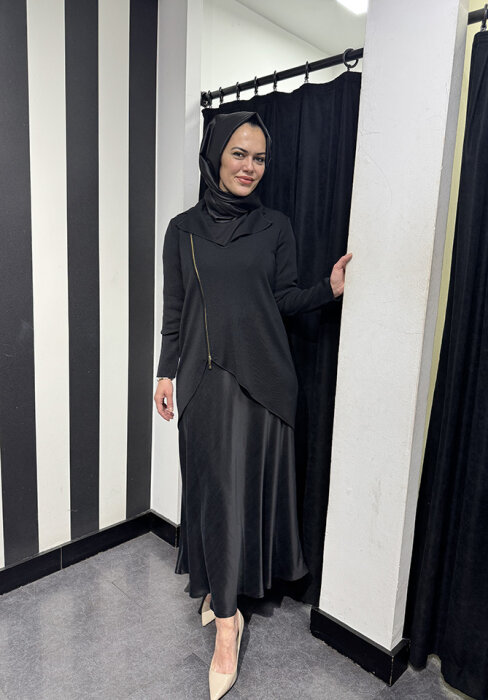 Miss Dalida Önden Fermuarlı Asimetrik Kesim Hırka Takım BLACK - 4