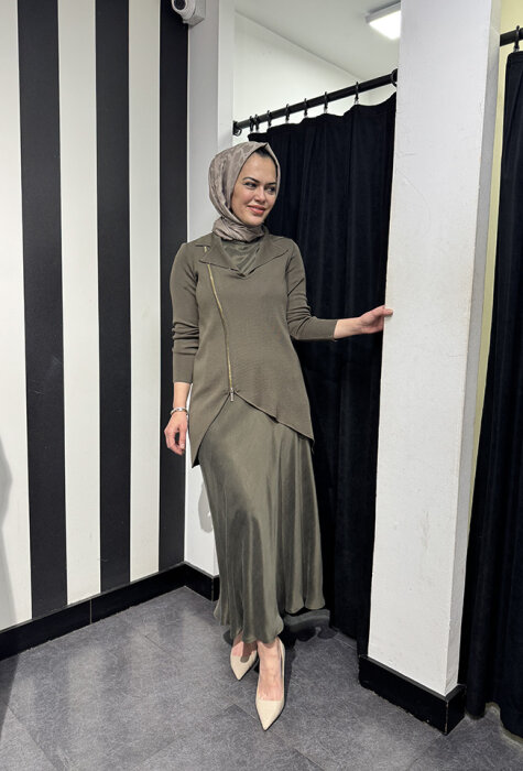 Miss Dalida Önden Fermuarlı Asimetrik Kesim Hırka Takım DARDO-TAUPE - 3