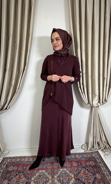 Miss Dalida Önden Fermuarlı Asimetrik Kesim Hırka Takım TOGA-BORDO - 1