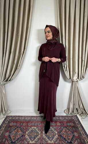 Miss Dalida Önden Fermuarlı Asimetrik Kesim Hırka Takım TOGA-BORDO - 2